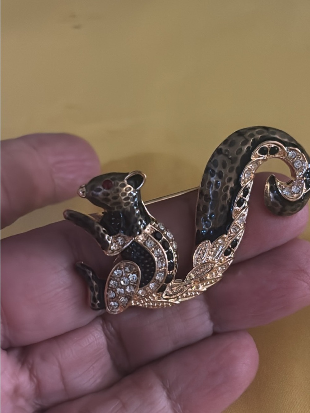 Crystal-Accented Squirrel Brooch in Gold and Black